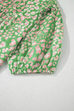 Green Plus Size Leopard Tassel Tie Split Neck Puff Sleeve Blouse