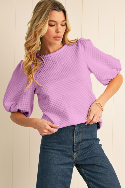 Phalaenopsis Solid Textured O Neck Puff Sleeve Blouse