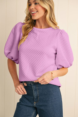 Phalaenopsis Solid Textured O Neck Puff Sleeve Blouse
