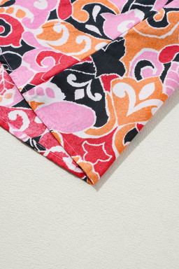 Pink Geometric Print Square Neck Puff Sleeve Mini Dress