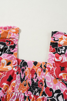 Pink Geometric Print Square Neck Puff Sleeve Mini Dress