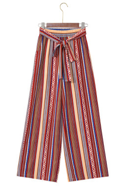 Red Boho Ethnic Striped Print Tie Waist Wide Leg Pants