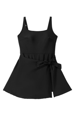 Black Side Tied Waist Square Neck Adjustable Straps A Line One Piece Swim Dress