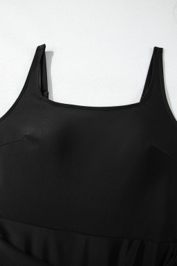 Black Side Tied Waist Square Neck Adjustable Straps A Line One Piece Swim Dress