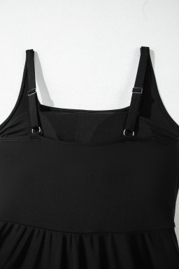 Black Side Tied Waist Square Neck Adjustable Straps A Line One Piece Swim Dress