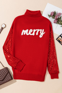 Racing Red Merry Graphic Sequin Sleeves Christmas Sweater