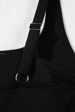 Black Side Tied Waist Square Neck Adjustable Straps A Line One Piece Swim Dress