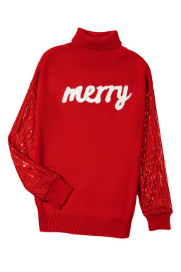 Racing Red Merry Graphic Sequin Sleeves Christmas Sweater
