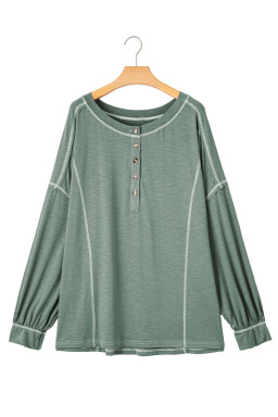 Seagrass Stitch Details Half Button Drop Sleeve Plus Size Top