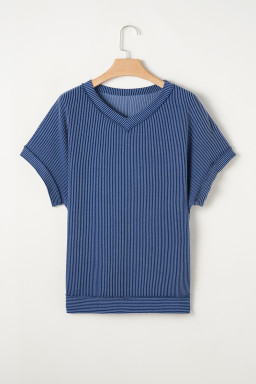 Sail Blue Plus Size Ribbed Top and Wide Leg Pants Set