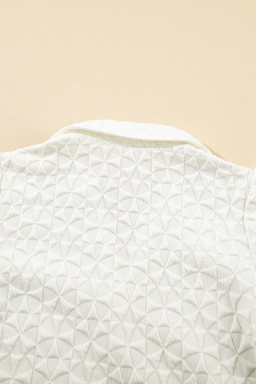 White V Neck Collared Texture Puff Sleeve Top