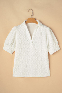 White V Neck Collared Texture Puff Sleeve Top