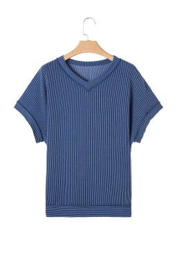 Sail Blue Plus Size Ribbed Top and Wide Leg Pants Set