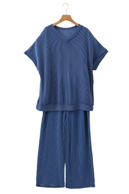 Sail Blue Plus Size Ribbed Top and Wide Leg Pants Set