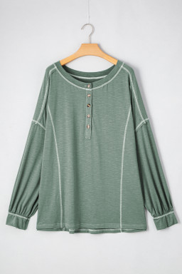 Seagrass Stitch Details Half Button Drop Sleeve Plus Size Top