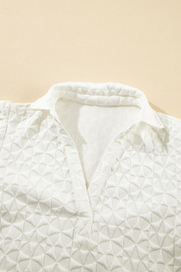 White V Neck Collared Texture Puff Sleeve Top