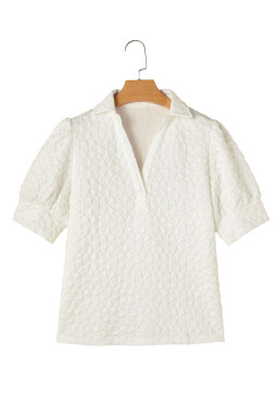 White V Neck Collared Texture Puff Sleeve Top