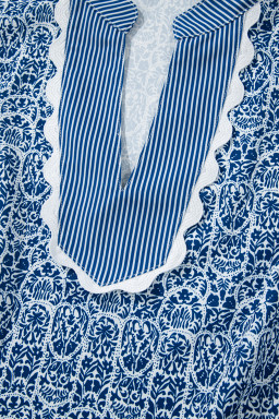 Blue Floral Striped Print Contrast Ricrac V Neck Puff Sleeve Blouse