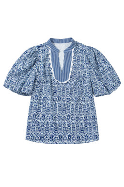 Blue Floral Striped Print Contrast Ricrac V Neck Puff Sleeve Blouse