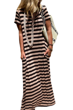 Black Striped Side Pockets T-shirt Maxi Dress