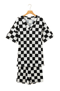 Black Checkered Print V Neck Pocketed Pajama Set