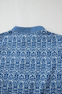 Blue Floral Striped Print Contrast Ricrac V Neck Puff Sleeve Blouse