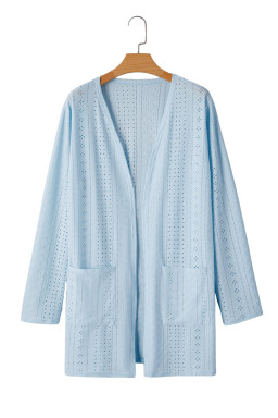 Mist Blue Solid Color Pocket Long Sleeve Cardigan