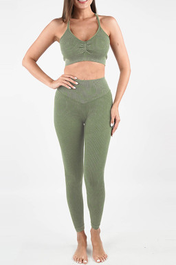 Laurel Green Seamless Ribbed Spaghetti Straps Bra Leggings Sports Set
