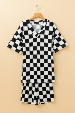 Black Checkered Print V Neck Pocketed Pajama Set
