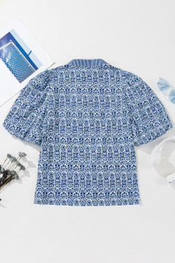 Blue Floral Striped Print Contrast Ricrac V Neck Puff Sleeve Blouse