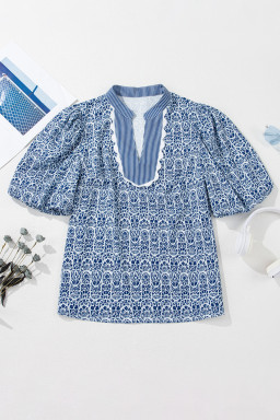 Blue Floral Striped Print Contrast Ricrac V Neck Puff Sleeve Blouse