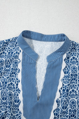 Blue Floral Striped Print Contrast Ricrac V Neck Puff Sleeve Blouse