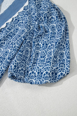 Blue Floral Striped Print Contrast Ricrac V Neck Puff Sleeve Blouse