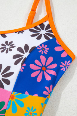 Orange Floral Colorblock Buttoned Front Spaghetti Straps Swimsuit