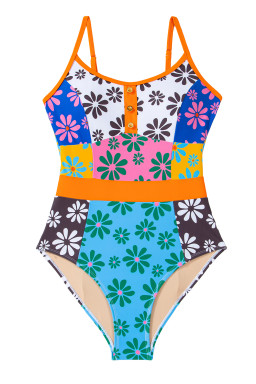 Orange Floral Colorblock Buttoned Front Spaghetti Straps Swimsuit