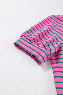 Rose Stripe Collared Puff Sleeve Pocket Plus Size Pop of Color Neckline Dress