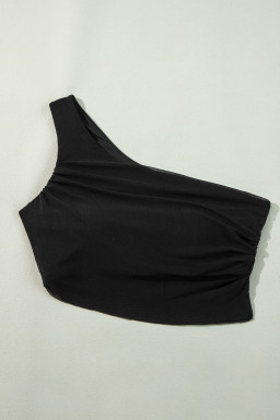 Black Ruched Mesh One Shoulder Bikini Top and Skirts Set
