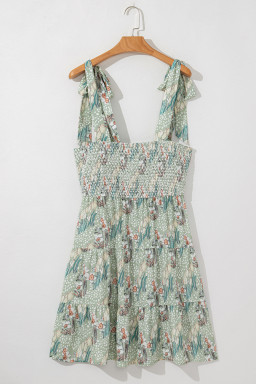Green Floral Knotted Strap Smocked Tiered Mini Dress