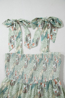 Green Floral Knotted Strap Smocked Tiered Mini Dress