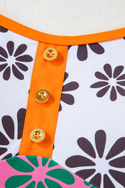 Orange Floral Colorblock Buttoned Front Spaghetti Straps Swimsuit