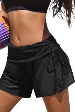 Black Drawstring Ruched High Waist Loose Swim Shorts