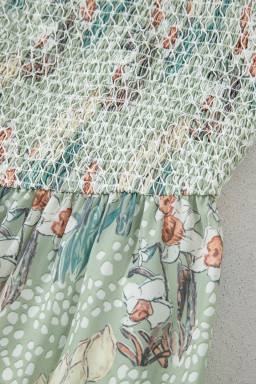 Green Floral Knotted Strap Smocked Tiered Mini Dress