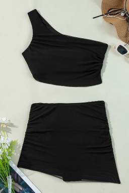 Black Ruched Mesh One Shoulder Bikini Top and Skirts Set