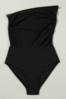 Black Ruched Mesh One Shoulder Bikini Top and Skirts Set