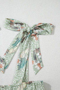 Green Floral Knotted Strap Smocked Tiered Mini Dress