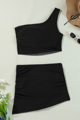 Black Ruched Mesh One Shoulder Bikini Top and Skirts Set