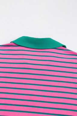 Rose Stripe Collared Puff Sleeve Pocket Plus Size Pop of Color Neckline Dress