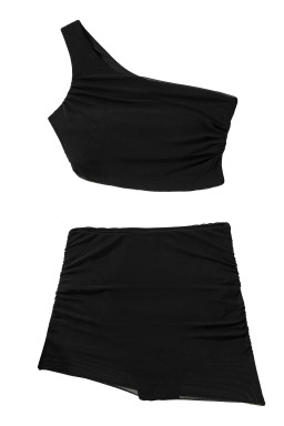 Black Ruched Mesh One Shoulder Bikini Top and Skirts Set