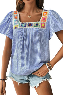 Sky Blue Striped Crochet Applique Boho Blouse