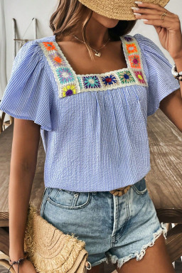 Sky Blue Striped Crochet Applique Boho Blouse